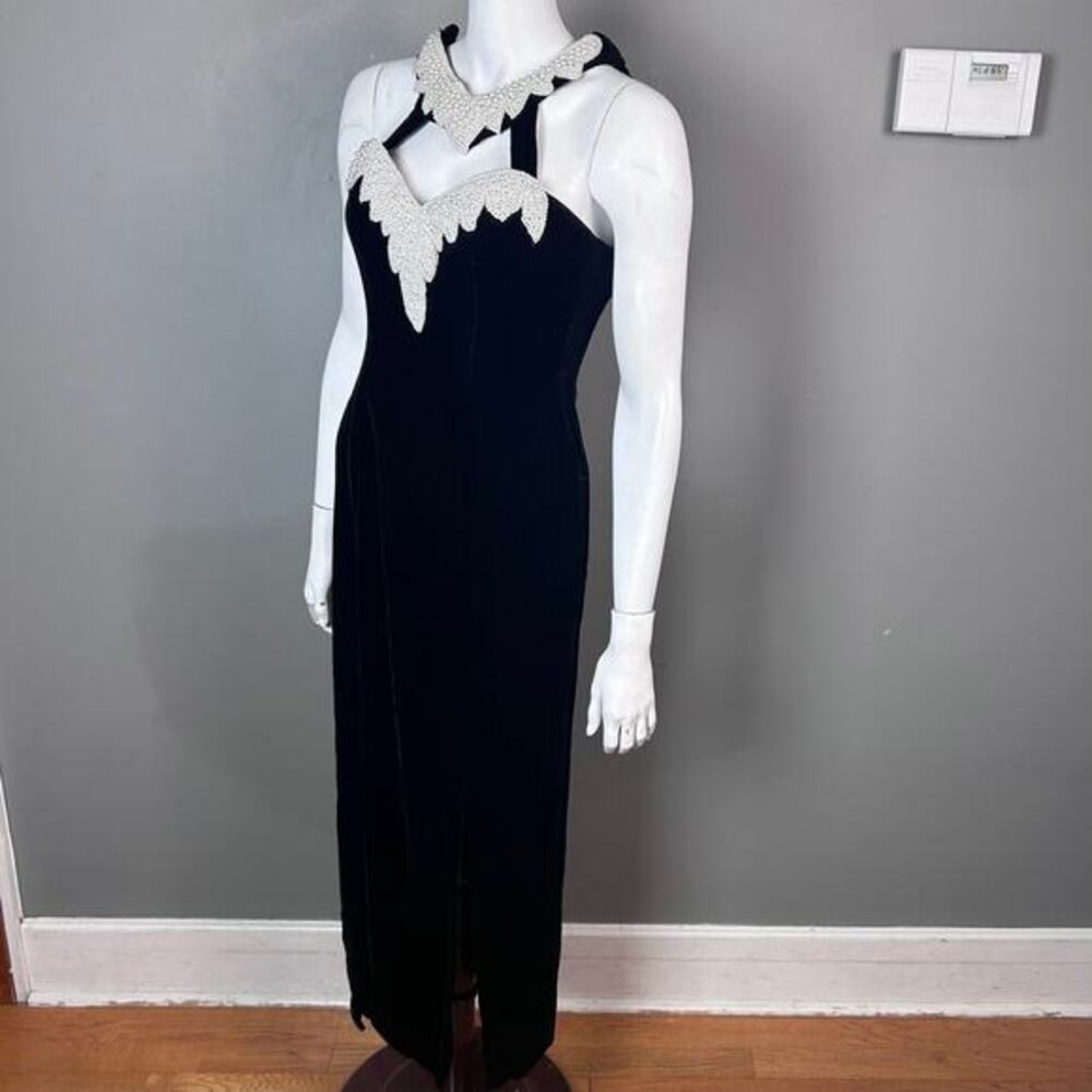 Vtg Dave Johnny dress XS velvet black‎ bead pearls Swiftie whimsigoth formal bib
